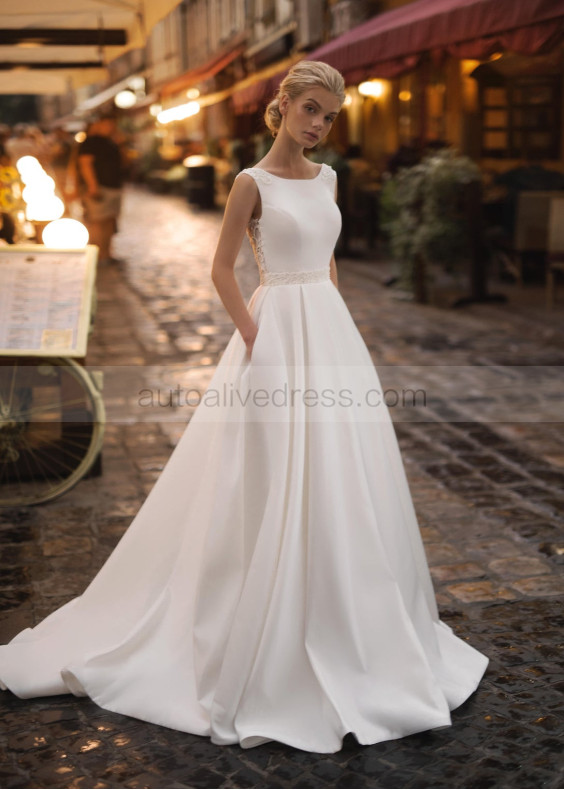 Ivory Satin Beading Lace V Back Modest Wedding Dress